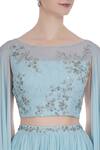 Pooja Peshoria_Blue Georgette Embroidered Crystal Cape Sleeve Hand Blouse With Pleated Lehenga _at_Aza_Fashions