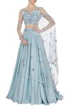 Buy Pooja Peshoria Blue Satin Embroidered Cut Dana Illusion And Net Swarovski & Sequin Lehenga Set at Aza Fashions Buy_Pooja Peshoria_Blue Satin Embroidered Cut Dana Illusion And Net Swarovski & Sequin Lehenga Set _at_Aza_Fashions