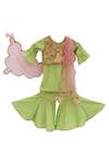 Buy_Fayon Kids_Green Crepe, Chiffon Embroidery, Zari Crinkle Kurta With Sharara And Dupatta _at_Aza_Fashions