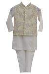 Shop_Fayon Kids_Yellow Cotton, Silk Embroidery Lemon Jacket With Off White Kurta And Churidar _at_Aza_Fashions
