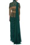 Shop_Nitika Kanodia Gupta_Green Crepe Silk Embroidered Bugle Pre-draped Saree With Tassel Cape  _at_Aza_Fashions