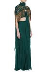 Nitika Kanodia Gupta_Green Crepe Silk Embroidered Bugle Pre-draped Saree With Tassel Cape  _Online_at_Aza_Fashions