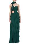 Shop_Nitika Kanodia Gupta_Green Crepe Silk Embroidered Bugle Pre-draped Saree With Tassel Cape  _Online_at_Aza_Fashions