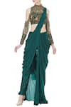 Buy_Nitika Kanodia Gupta_Green Crepe Silk Band Collar Pre-draped Saree With Embellished Blouse  _at_Aza_Fashions