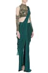 Nitika Kanodia Gupta_Green Crepe Silk Band Collar Pre-draped Saree With Embellished Blouse  _Online_at_Aza_Fashions