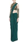 Buy_Nitika Kanodia Gupta_Green Crepe Silk Band Collar Pre-draped Saree With Embellished Blouse  _Online_at_Aza_Fashions