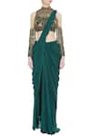 Shop_Nitika Kanodia Gupta_Green Crepe Silk Band Collar Pre-draped Saree With Embellished Blouse  _Online_at_Aza_Fashions