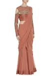 Nidhika Shekhar_Brown Georgette Embroidered Pearl And Salli Bead Work Tassel Pre-draped Saree _Online_at_Aza_Fashions