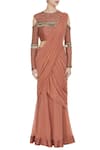 Shop_Nidhika Shekhar_Brown Georgette Embroidered Pearl And Salli Bead Work Tassel Pre-draped Saree _Online_at_Aza_Fashions