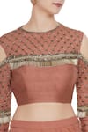 Nidhika Shekhar_Brown Georgette Embroidered Pearl And Salli Bead Work Tassel Pre-draped Saree _at_Aza_Fashions