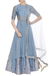 Buy_Nidhika Shekhar_Blue Sequin And Pearl Asymmetric Kurta With Skirt And Net Dupatta_at_Aza_Fashions