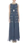 Shop_Nidhika Shekhar_Blue Crew Neck Georgette Bead And Sequin Layered Jumpsuit  _Online_at_Aza_Fashions