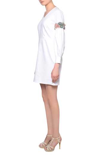embroidered lantern sleeve tassel tie smock dress Stand-Collar Lantern-Sleeve Corset-Pleat Maxi Dress Ivory Oat / M