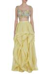 Shop_DiyaRajvvir_Yellow Frilly Layered Lehenga With Flower Motif Blouse_Online_at_Aza_Fashions