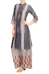 Buy_Soup by Sougat Paul_Grey Mandarin Collar Printed Chanderi Kurta With Palazzos  _at_Aza_Fashions