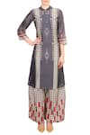 Soup by Sougat Paul_Grey Mandarin Collar Printed Chanderi Kurta With Palazzos  _Online_at_Aza_Fashions