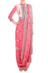 Soup by Sougat Paul_Pink Crepe Silk Printed Abstract Mandarin Collar Pre-draped Saree  _Online_at_Aza_Fashions