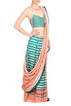 Buy_Soup By Sougat Paul_Blue Tussar Silk Striped, Checks And Pink Printed Saree _at_Aza_Fashions