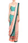 Soup By Sougat Paul_Blue Tussar Silk Striped, Checks And Pink Printed Saree _Online_at_Aza_Fashions