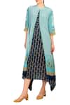 Buy_Soup By Sougat Paul_Blue Crepe Silk Chequered Mandarin Collar Printed Asymmetric Dress _at_Aza_Fashions