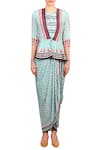 Soup By Sougat Paul Blue Crepe Silk Geometric Motifs, Stripes Round Printed Peplum Dhoti Jumpsuit Online at Aza Fashions Soup By Sougat Paul_Blue Crepe Silk Geometric Motifs, Stripes Round Printed Peplum Dhoti Jumpsuit _Online_at_Aza_Fashions