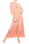 Buy_Soup By Sougat Paul_Peach Crepe Silk Geometric Motifs, Checks Cold Shoulder Printed Jumpsuit _at_Aza_Fashions