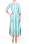 Soup By Sougat Paul_Blue Mandarin Collar Tussar Silk Flared Pleated Dress _Online_at_Aza_Fashions