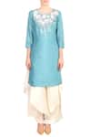 Soup By Sougat Paul Blue Satin, Crepe Silk Floral Motifs Round Neck Embroidered Kurta And Palazzo Set Online at Aza Fashions Soup By Sougat Paul_Blue Satin, Crepe Silk Floral Motifs Round Neck Embroidered Kurta And Palazzo Set _Online_at_Aza_Fashions