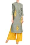 Buy_Soup by Sougat Paul_Yellow Mandarin Collar Grey Embroidered Chanderi Kurta With Palazzos  _at_Aza_Fashions