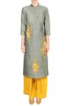 Soup by Sougat Paul_Yellow Mandarin Collar Grey Embroidered Chanderi Kurta With Palazzos  _Online_at_Aza_Fashions