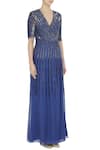 Huemn_Blue Deep V Neck Embellished Gown  _Online_at_Aza_Fashions