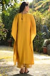 Shop_Rekha Agra_Yellow Cotton Slub V Neck Embroidered Kurta And Pant Set _at_Aza_Fashions