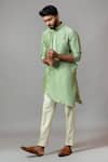 Buy_PAARSH_Green Kurta Bamberg Silk Pajama Pant Linen Asymmetric Set_at_Aza_Fashions