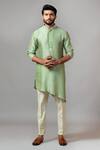 PAARSH_Green Kurta Bamberg Silk Pajama Pant Linen Asymmetric Set_Online_at_Aza_Fashions