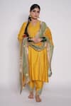 Buy_Pants and Pajamas_Yellow Kurta And Pant Chanderi Embroidered Floral Motifs V Neck Set _at_Aza_Fashions