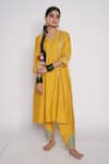 Pants and Pajamas_Yellow Kurta And Pant Chanderi Embroidered Floral Motifs V Neck Set _Online_at_Aza_Fashions