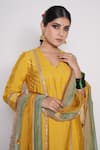 Buy_Pants and Pajamas_Yellow Kurta And Pant Chanderi Embroidered Floral Motifs V Neck Set _Online_at_Aza_Fashions