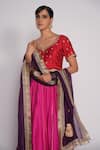 Pants and Pajamas_Pink Lehenga And Blouse Chanderi Embroidered Gota Work Leaf Neck Set _at_Aza_Fashions