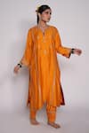 Buy_Pants and Pajamas_Orange Chanderi Embroidered Floral Motifs Notched Zardozi Kurta _at_Aza_Fashions