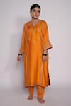 Buy_Pants and Pajamas_Orange Chanderi Embroidered Floral Motifs Notched Zardozi Kurta _Online_at_Aza_Fashions