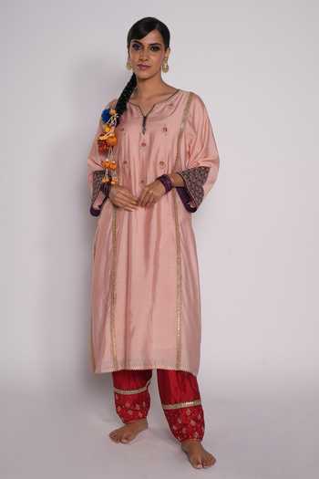 Women Pink Yoke Design Zardozi Chanderi Silk Kurta With Sharara & With Dupatta
