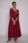 Buy_Pants and Pajamas_Maroon Anarkali And Pant Chanderi Embroidered Gota Work V Neck Set _Online_at_Aza_Fashions