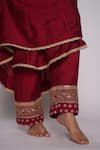 Pants and Pajamas_Maroon Anarkali And Pant Chanderi Embroidered Gota Work V Neck Set _at_Aza_Fashions