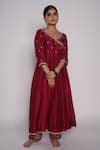 Buy_Pants and Pajamas_Maroon Chanderi Embroidered Gota Work V Neck Anarkali _at_Aza_Fashions