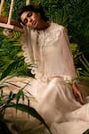 Shop_Pallavi Poddar_Ivory Dupion Embroidery Thread High Neck Scallop Hem Cape And Tiered Skirt Set _Online_at_Aza_Fashions