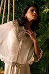 Buy_Pallavi Poddar_Ivory Dupion Embroidery Thread High Neck Scallop Hem Cape And Tiered Skirt Set _Online_at_Aza_Fashions