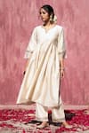 Weaver Story_Off White Chanderi Silk Gota Patti Split V-neck Kurta Pant Set _Online_at_Aza_Fashions