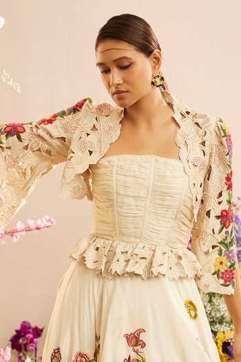 Chandrima_Ivory Chanderi Embroidery Open Neck Floral Bead Bolero Jacket _Online_at_Aza_Fashions