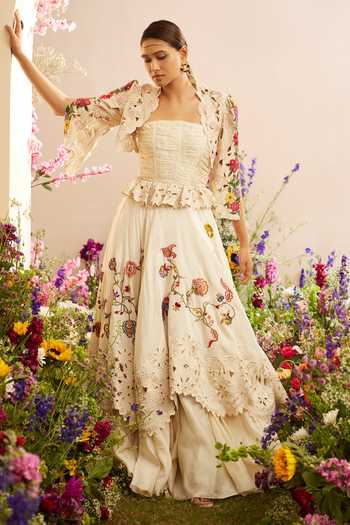 Buy_Chandrima_Ivory Chanderi Embroidery Open Neck Floral Bead Bolero Jacket _Online_at_Aza_Fashions
