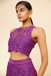 Chandrima_Purple Chanderi Embroidery Flower Round Neck Cut Work Crop Top _Online_at_Aza_Fashions